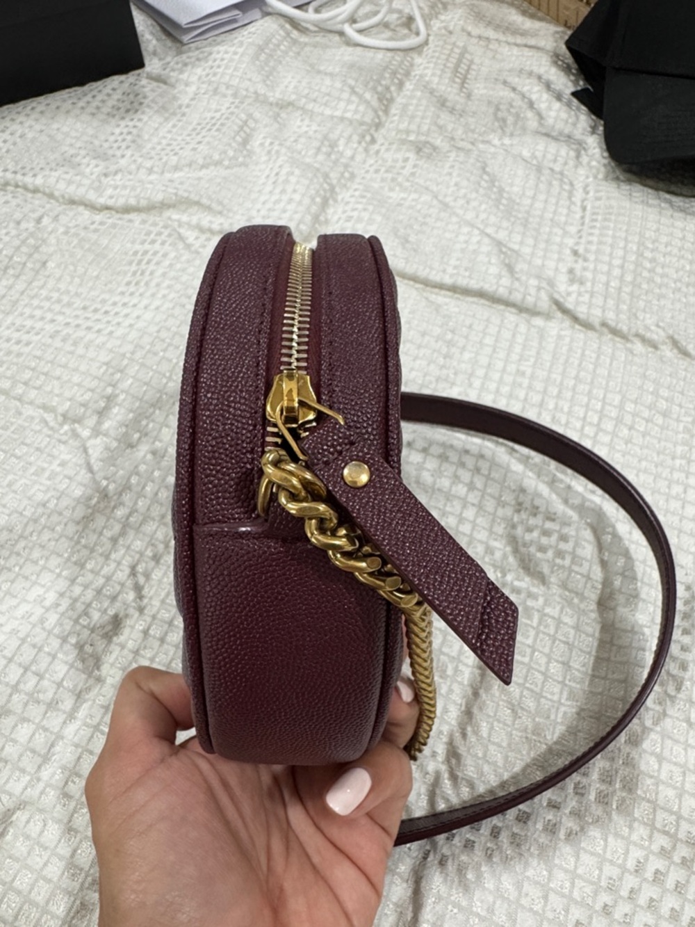 Saint Laurent Wine Quilted Round Crossbody with Gold YSL Chain - Picture 9 of 13